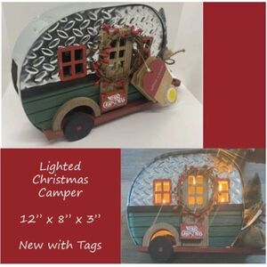 Vintage Metal Rustic Camper w/Merry Christmas Tree Lights Retro Woody Home Decor